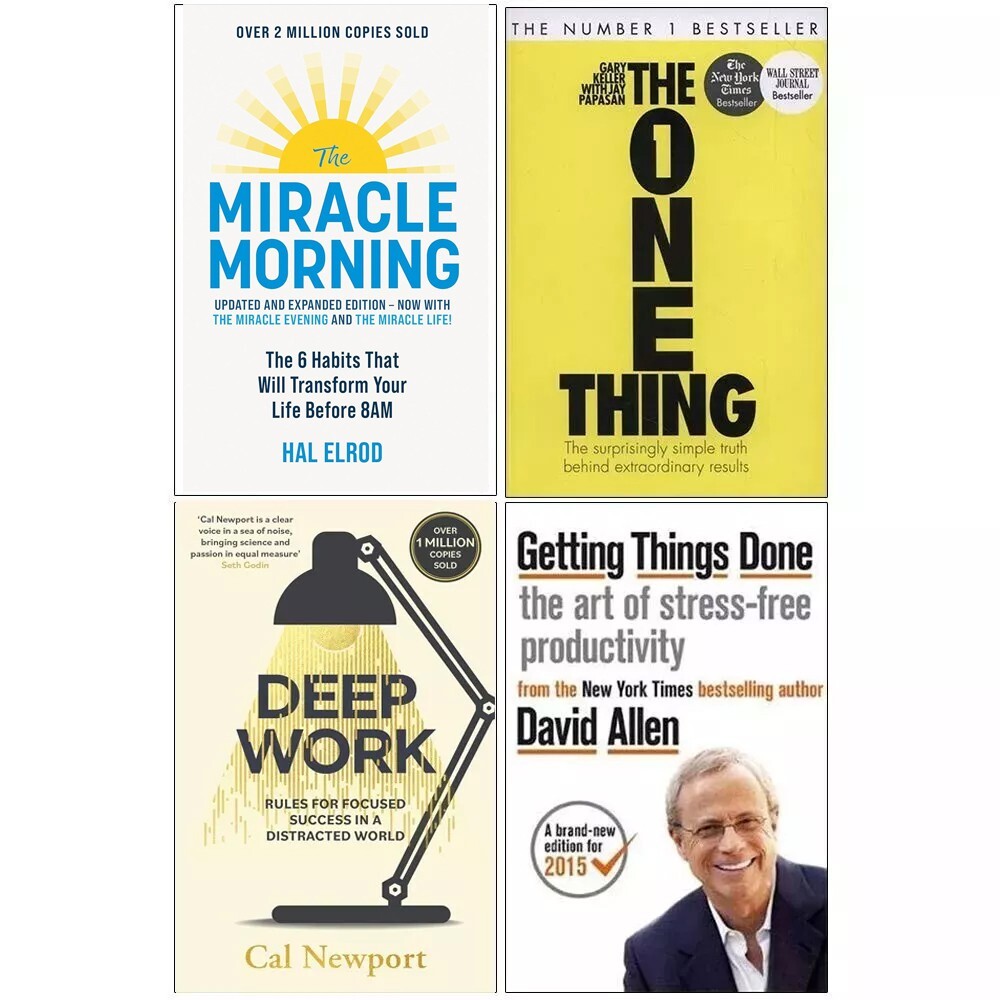 Miracle Morning Hal Elrod, Getting Things Done,Deep Work, One Thing 4 Books Set