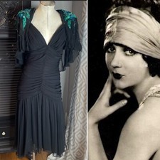 80s Vtg Casadei Black Ruched Turquoise Sequin Gatsby Deco Flapper Dress Cape  12