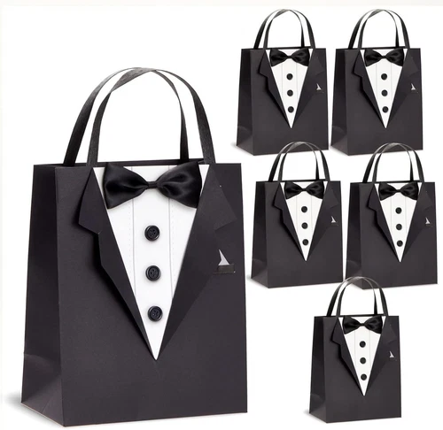 6 Pack Gift Bags with 3D Tuxedo Design, Satin Bow Tie, Real Black, White 