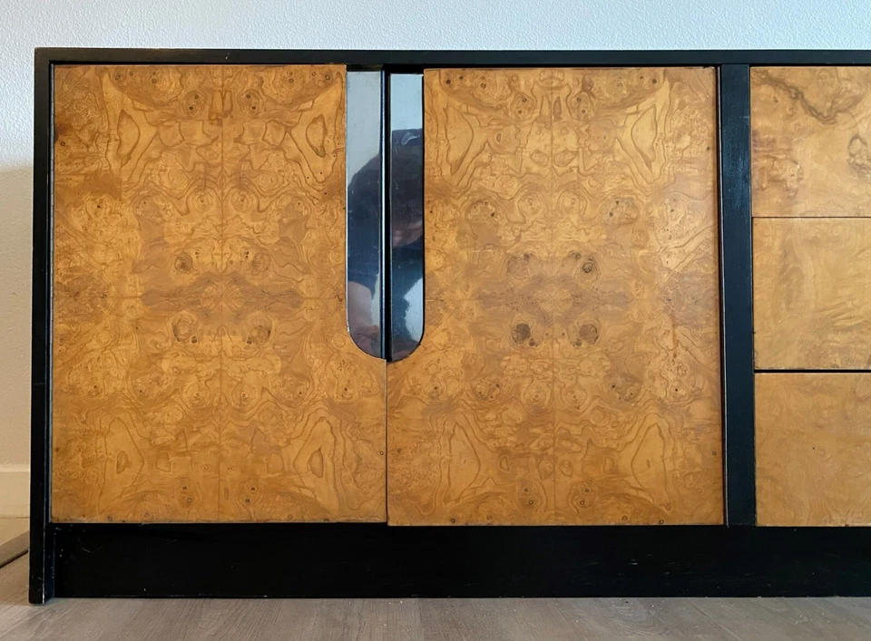 Madera de burl Credenza estilo Milo Baughman vintage años 70 Foto 2 de 4