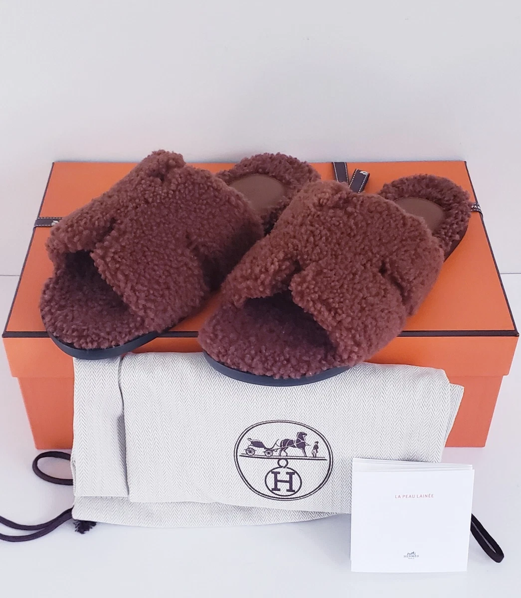 HERMES IZMIR SHEARLING WOOL MOUTON COGNAC C0 SANDALS HOMME MENS 41 BRAND NEW