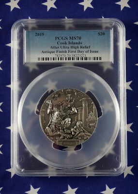 13940 純銀セット 286g 2019 $20 Cook Islands Atlas 3oz Antiqued .999 Silver Coin PCGS