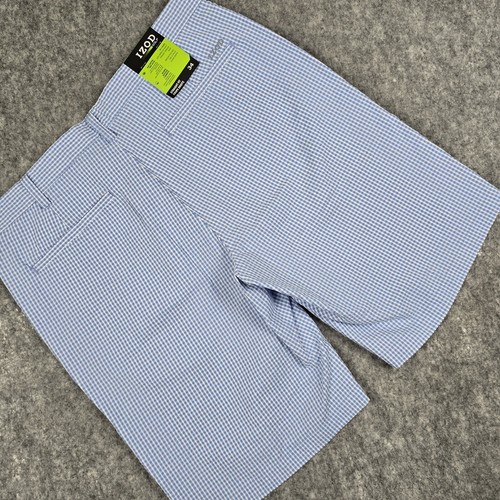 IZOD Men's Golf Shorts 34 Blue White Seersucker Gingham Checks Flat Front NWT