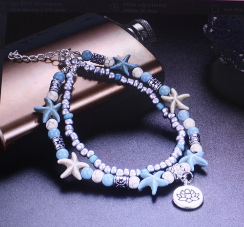Womens Layered Starfish Lotus Flower Beaded Anklet Green Adjustable Boho New - Picture 2 of 5