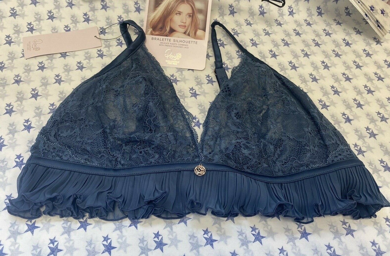 NEW M&S Rosie Marks & Spencer UK12 Eur40 US8 air force blue lace/pleat bralette