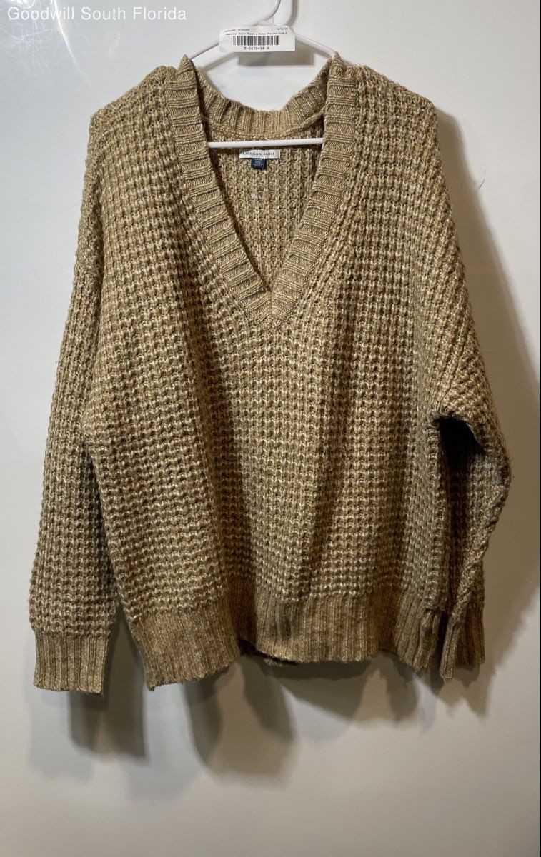American Eagle Outfitters Womens Brown V-Neck Waffle-Knit Pullover Sweater Sz S