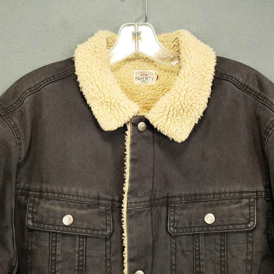 Faherty Trucker Jacket Mens Large Gray Collared Sherpa Lined Primaloft Snap Read - Image 2 of 4