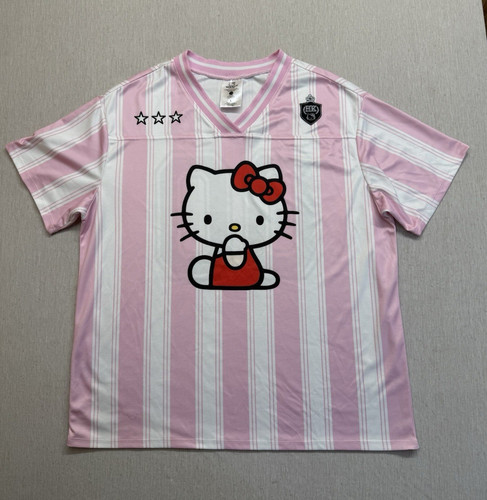 Hybrid Apparel Hello Kitty V-Neck Jersey Shirt, Pink & White Striped, Size L