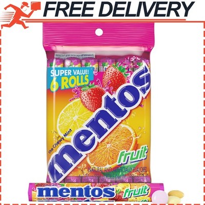Mentos Candy, Mint Chewy Candy Roll, Fruit, Non Melting, Gluten Free Pack of 6