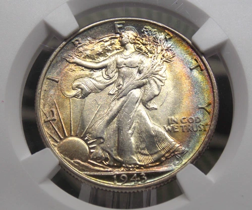 1943 "P" Walking Liberty Half Dollar 50c NGC AU55 #006 *RAINBOW* Toning ECC&C