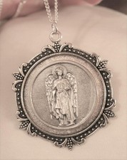 Lovely 6-Sided Fleur de Lis Rim Etched St. Michael Archangel Silvertn Necklace