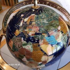 Vintage Blue Lapis & Semi Precious Gem Stones World Globe With Brass Stand