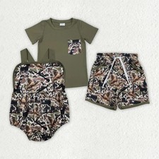Hunting Derr Duck Camo Pocket Shorts Outfit /Romper For Sibling Toddler Boys