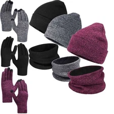 3Pcs/ Set Women Men Winter Warm Beanie Knitted Hat Cap Scarf Touch Screen Gloves
