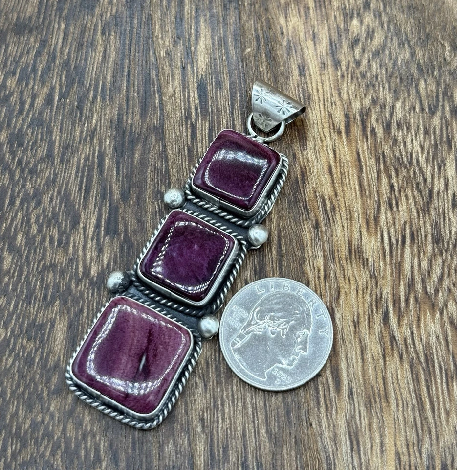 Pingente de gota de concha de ostra espinhosa feito à mão prata esterlina navajo nativo - Imagem 2 de 3