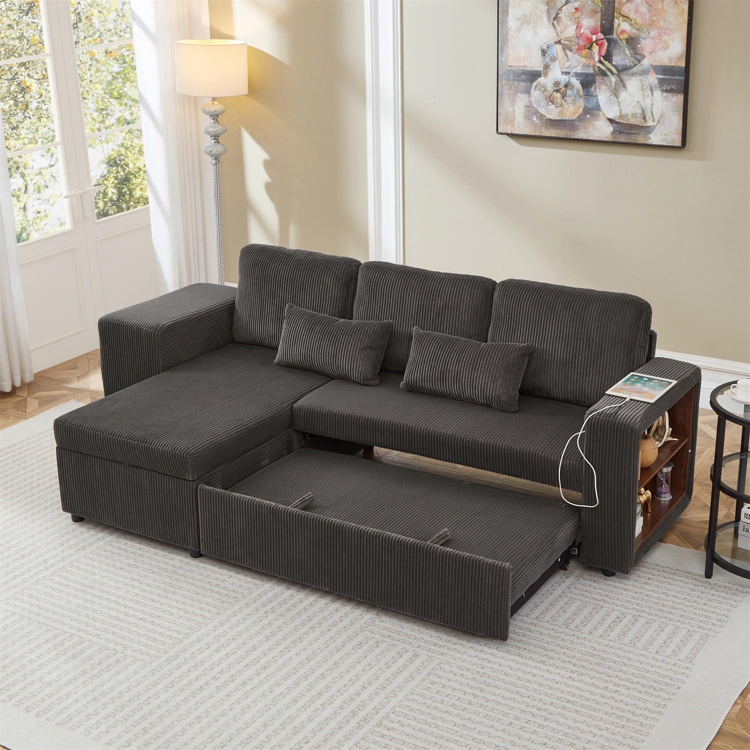 ConvertibleSofaBedCorduroy3-in-1L-ShapedSleeperSofawithStorageChaise