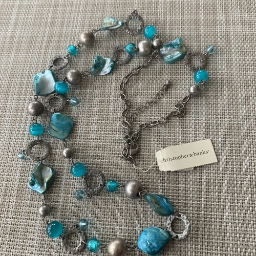 NWT Christopher Banks Turquoise Blue Shell Bead Hammered Silver Tone Necklace - Picture 2 of 10