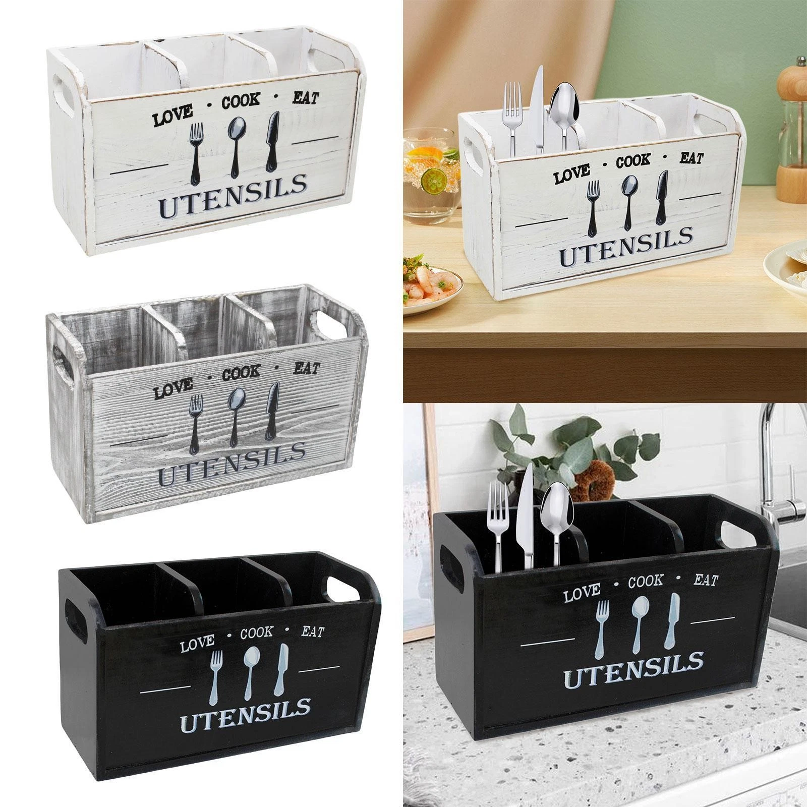 Kitchen Utensil Holder Cutlery Box Multipurpose with 3 Compartments Rustic