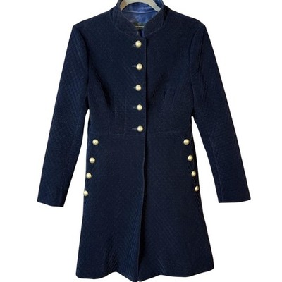 Blue Sky Butterfly Quilted Navy Velour Jacket Gold Button Luxury Style Womens LG