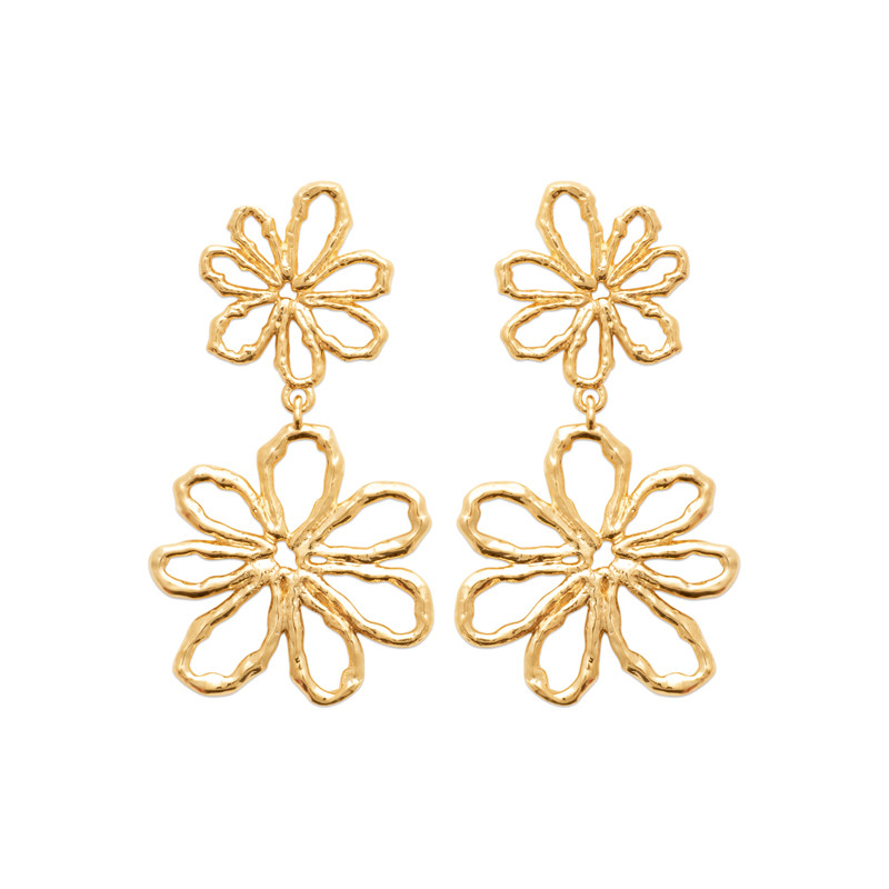 Boucles d'oreilles double fleurs ajourées pendantes plaqué or 18 carats chic