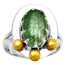 Two Tone - Natural Green Aventurine 925 Sterling Silver Ring s.7 Jewelry R-1503