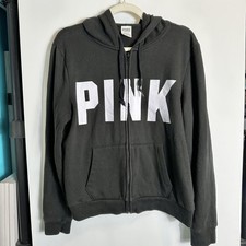 PINK Victoria s Secret Womens Size L Black Full Zip Hoodie Logo Very Small Flaw