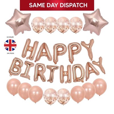 Happy Birthday Banner Geburtstag Deko für Mädchen und Frauen Rosegold Luftballon