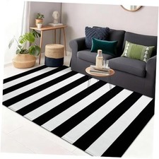 Black and White Striped Rug 3' x 5' Washable Cotton Indoor Outdoor Doormat