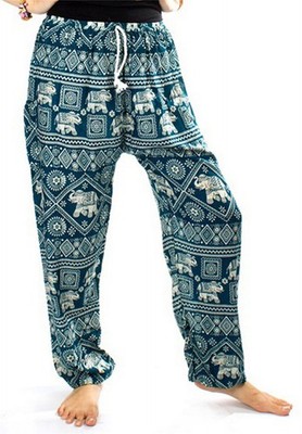 Damen Elefanten Briefmarke Kordelzug Harem Boho HoseTeal Grün XL
