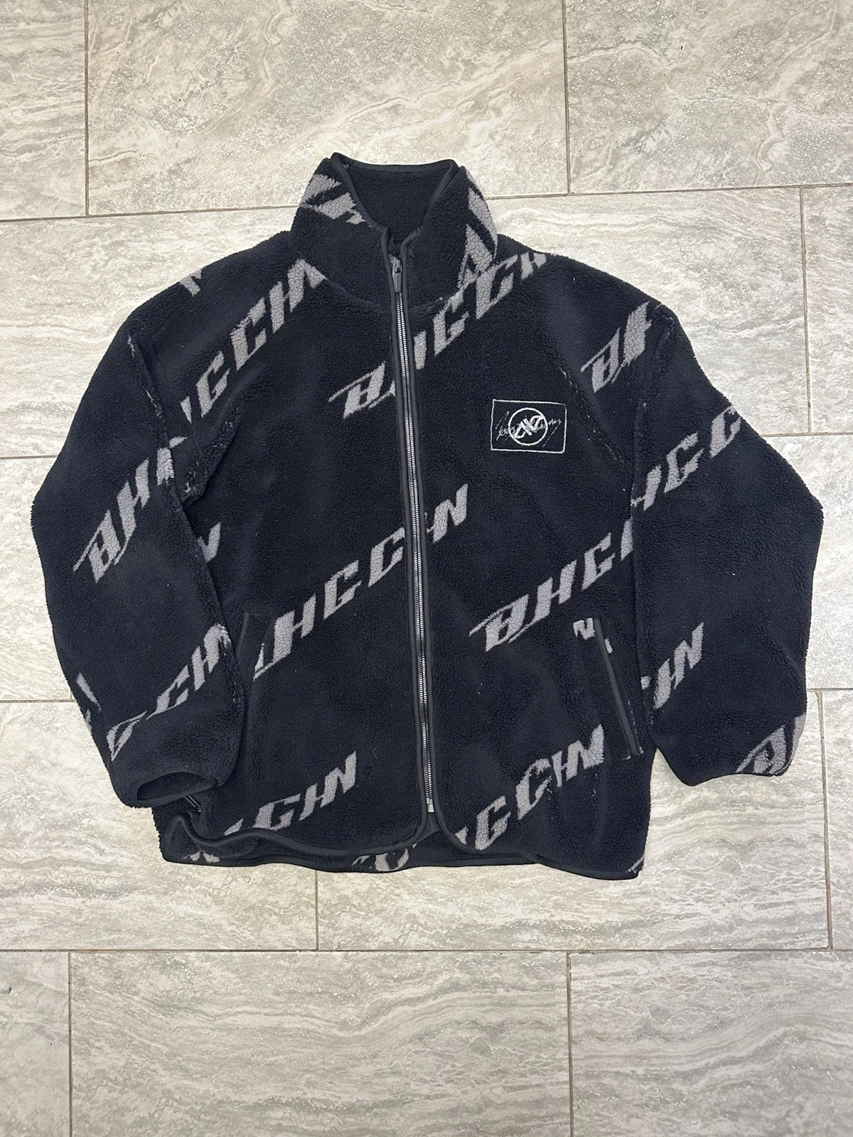 BJHG High-Neck Oversized Sherpa Jacket Coat Black Logo Zip Up Size XL Streetwear