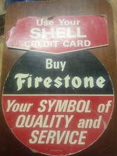 Vintage Cardboard Firestone Tires and Shell Gasoline Advertisement Sign