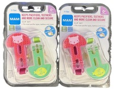 Juego de clips para chupete MAM gato rosa/pez verde 2 piezas de 2 = 4 clips totales