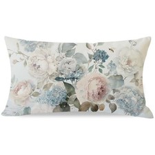 Peony and Hydrangea Floral Throw Pillow Cover 12x20 Inch Blue Flower Outdoor