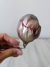 Vintage carnation artichoke flower clip ornament glass glitter Xmas tree