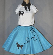 3 PC Aqua Blue 50's Poodle Skirt outfits Girl Sizes 7,8,9,10 Waist: 23"-30" L20"