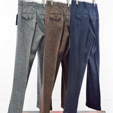 Herren Fischgrätenmuster Tweed Hose Wollmischung Gerades Bein Hose Freizeit Büro