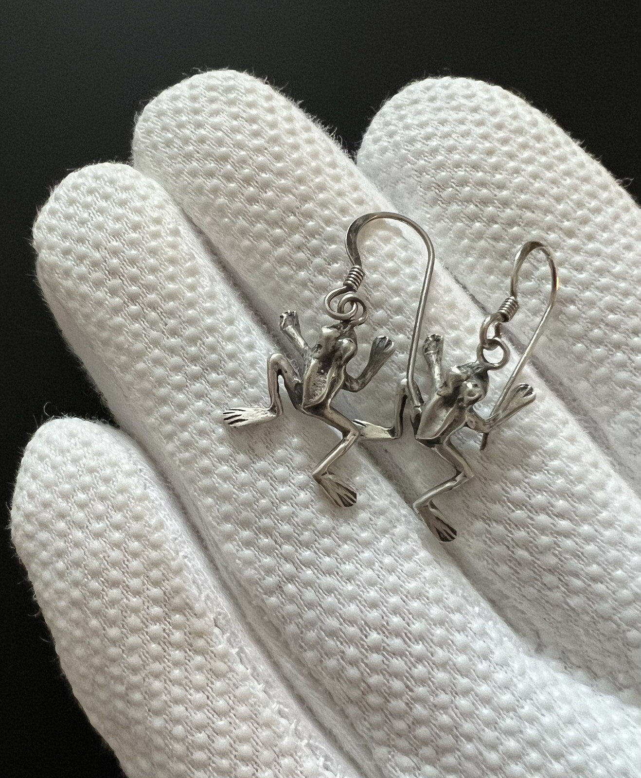 3D Sterling Silver Frog Dangle Hook Earrings Stam… - image 3