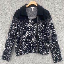 Chicos Jacket Womens 2 US Large Black Leopard Print Knit Stretch Motorcycle Zip