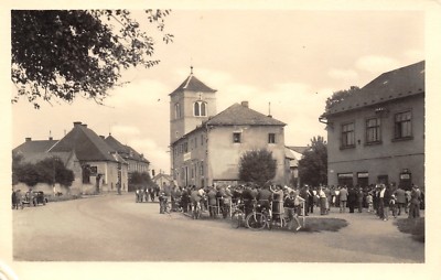 Tlumačov Czech Republic~Tobak Tobacco Store~Crowd Gathered~Bicycles~RPPC