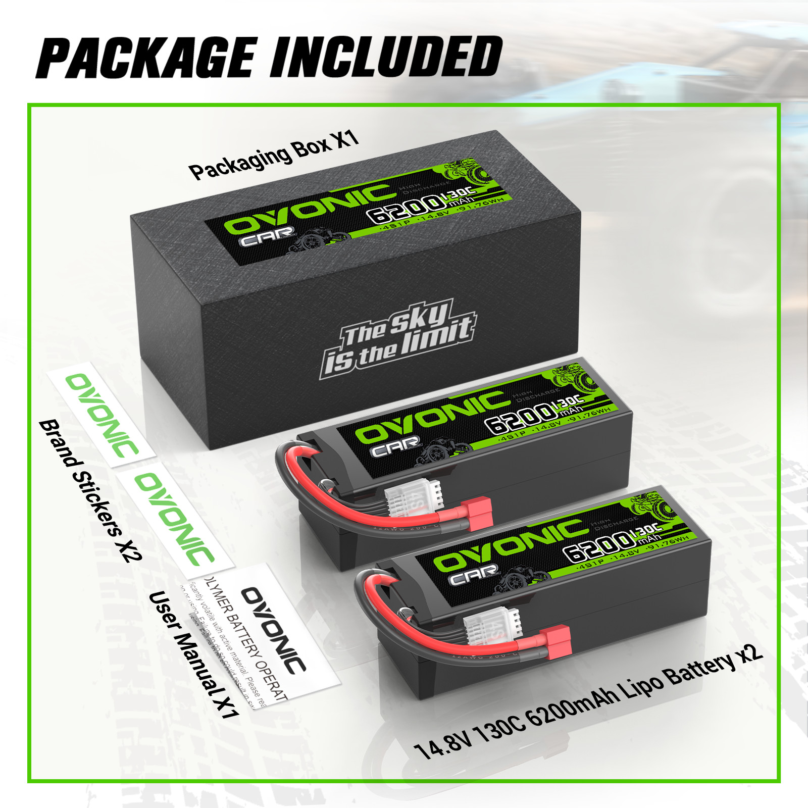 2x Ovonic 14.8V 130C 4S 6200mAh Lipo Battery T for RC Car plane Jet Heli Boat