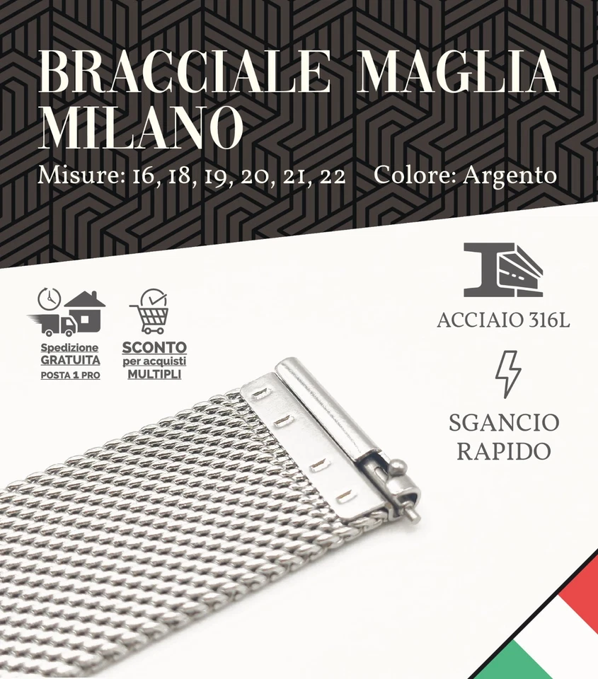 bracciale acciaio cinturino maglia milano 16 18 19 20 21 22 mm orologio vintage - Immagine 3 di 4