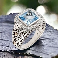 Aquamarine Square Cut Gemstone With 925 Sterling Silver Ring For Men's #223