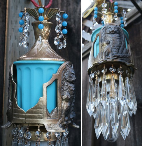 Schwarze Katze Deckenlampe Kronleuchter Messing Tole Glas Türkis Perlen Kristall Deko - Bild 9 von 12