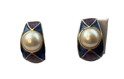 Vintage Clip on Earrings Signed Crown Trifari Pearls Brushed Gold
