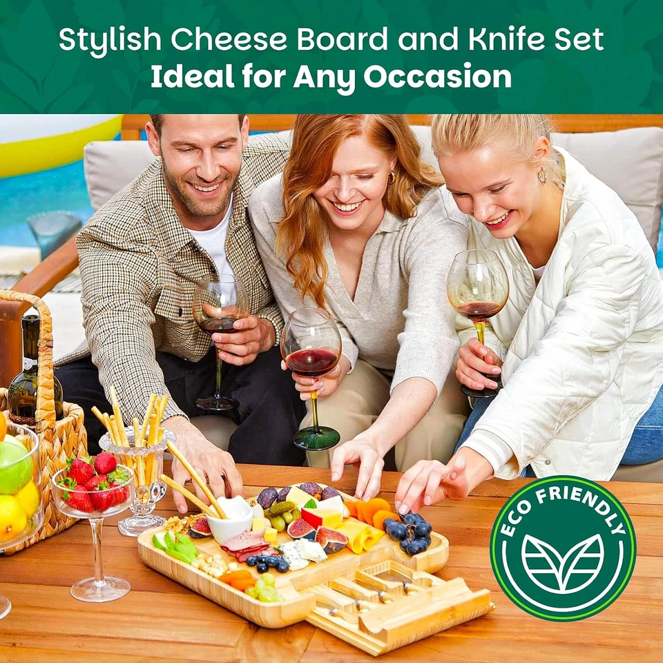 Bamboo Cheese Board Gift Set Wooden Charcuterie Serving Platter with 4 Knives - Image 4 of 4