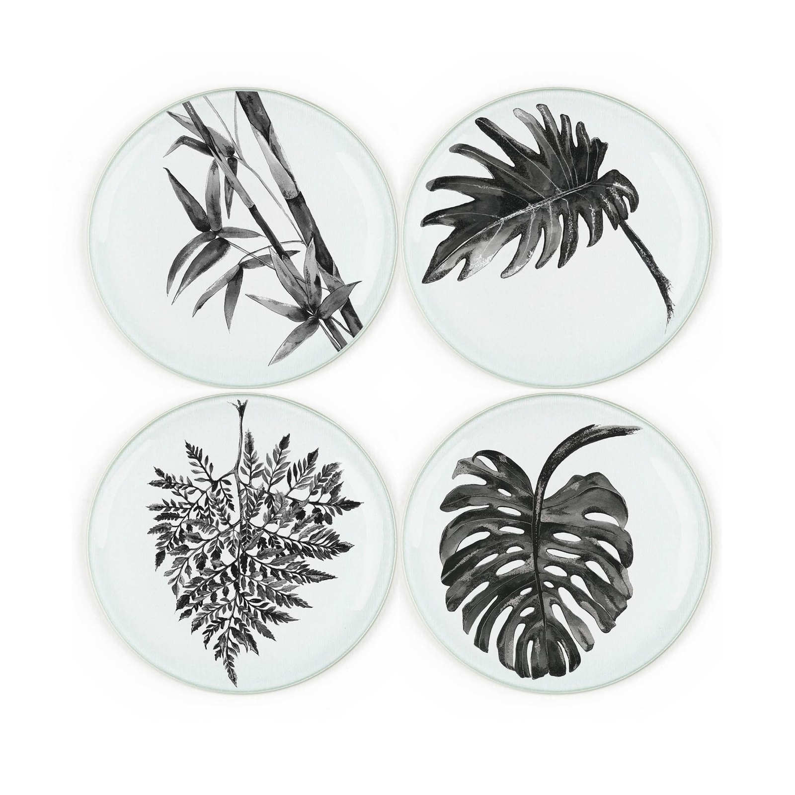 Leaf Coasters Set - Round Glass Painted Tropical Leaves Drinks Coasters Gift