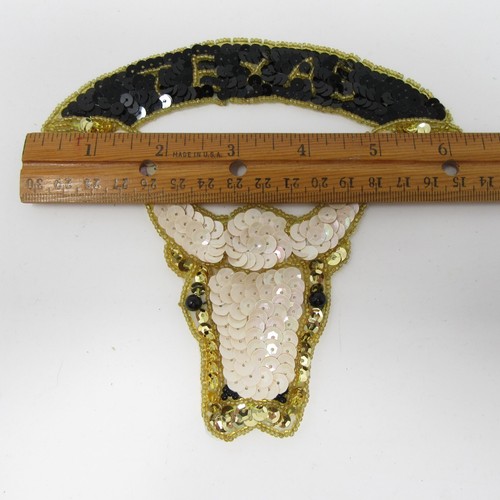 Large Texas Longhorn Sequin Applique Patch Sew On Black Gold White 6" x 5.5" Vtg - Picture 3 of 4