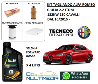 KIT TAGLIANDO 4 FILTRI + 4LT OLIO SELENIA 0W30 ALFA ROMEO GIULIA