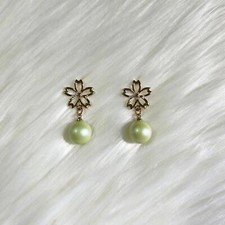 Green Cherry Blossom Sakura Pearl Bead Gold Plated Stud Earrings Dangle Earring
