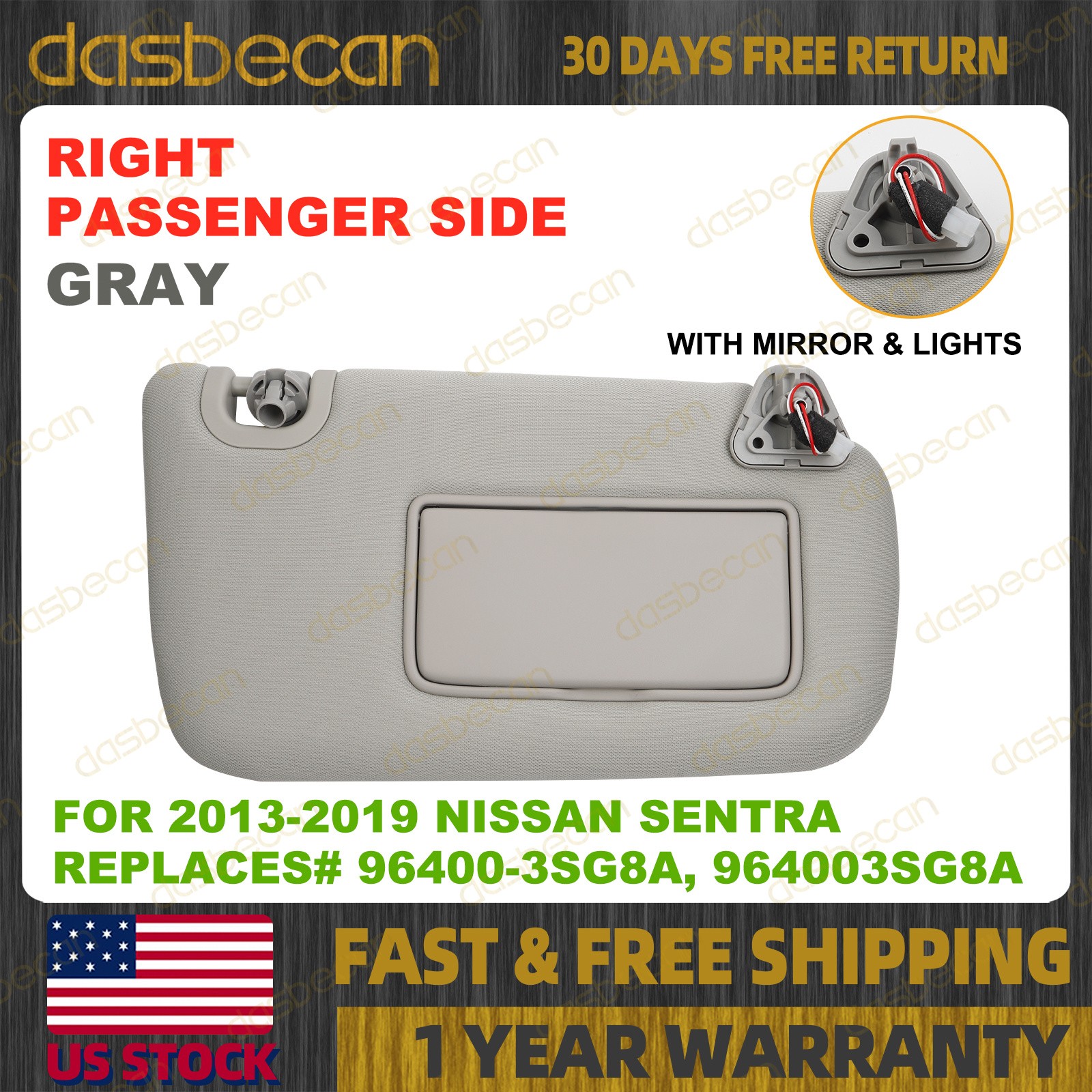Right Passenger Sun Visor w/ Light RH For Nissan Sentra 2013-2019 96400-3SG8A